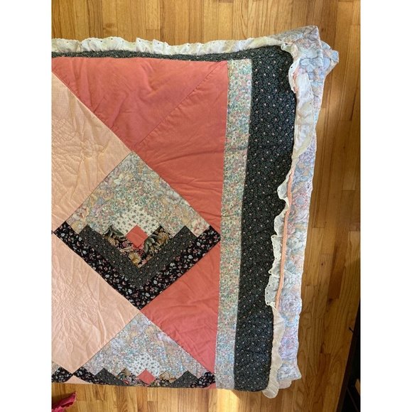 Vtg Handmade Cotton Patchwork Quilt Salmon Multicolor Bedspread- SZ Full - Picture 1 of 8